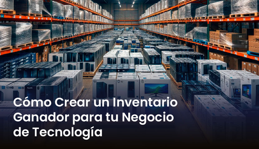 Imagen de un almacn lleno de cajas de productos tecnolgicos, con estantes altos a ambos lados. Un texto en primer plano dice 