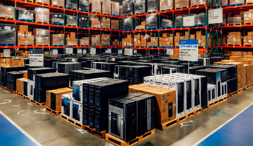 Imagen de un almacn grande lleno de estantes altos y cajas apiladas que contienen productos tecnolgicos, principalmente computadoras.