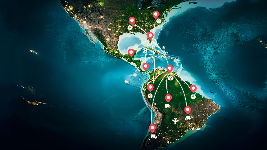 Mapa de Amrica con varios marcadores de ubicacin en diferentes pases, conectados por lneas que indican rutas de transporte. Los iconos incluyen camiones, aviones y cajas, sugiriendo una red de distribucin logstica.